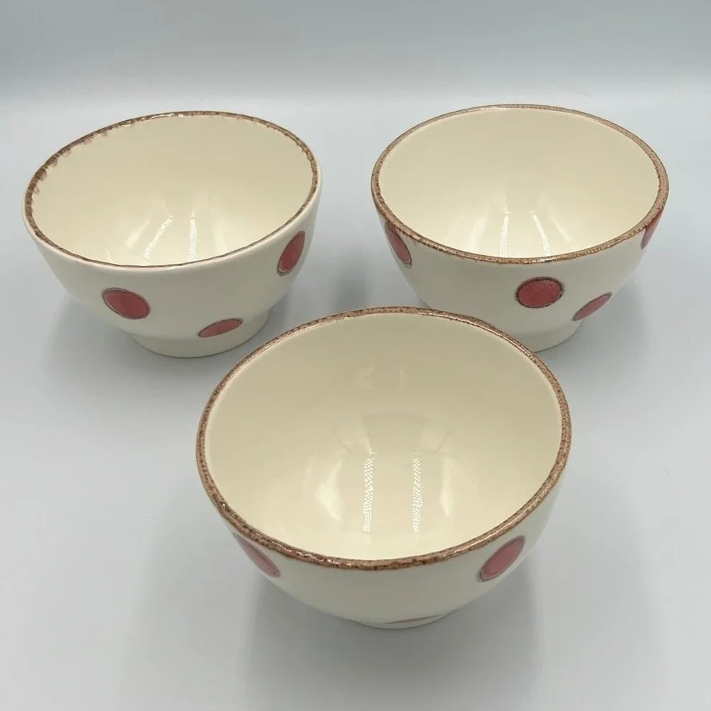 Portugal Ceramic Polka Dot Cereal Bowls Set of 3 Cream Red Very Good 5.5in